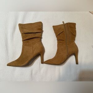 NWOT Torrid faux suede camel mid-calf point-toe slouch booties, 7WW